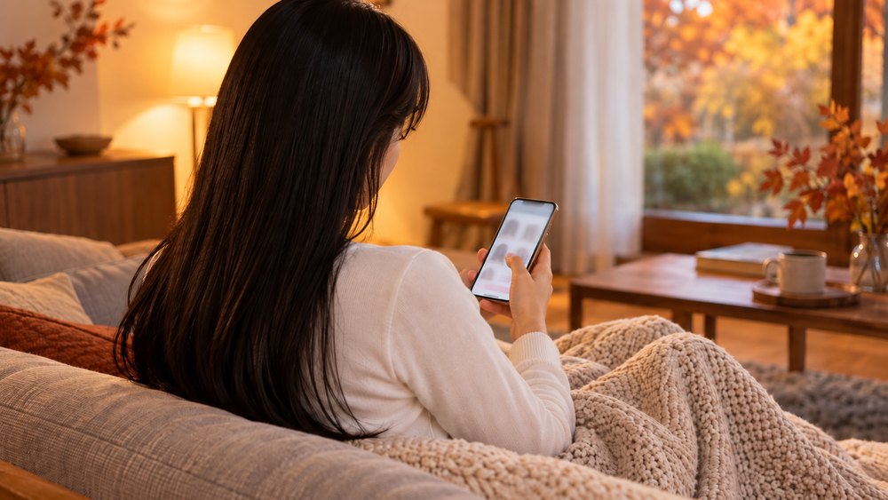 ソファでスマートフォンから美容室をネット予約する女性