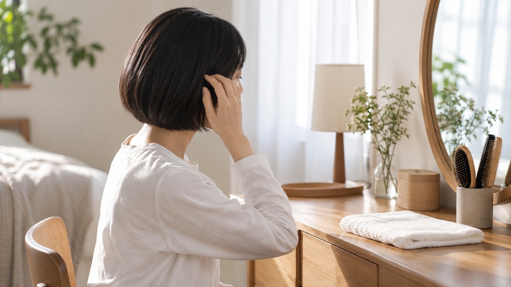 自宅でショートボブのまとまりを確認する女性