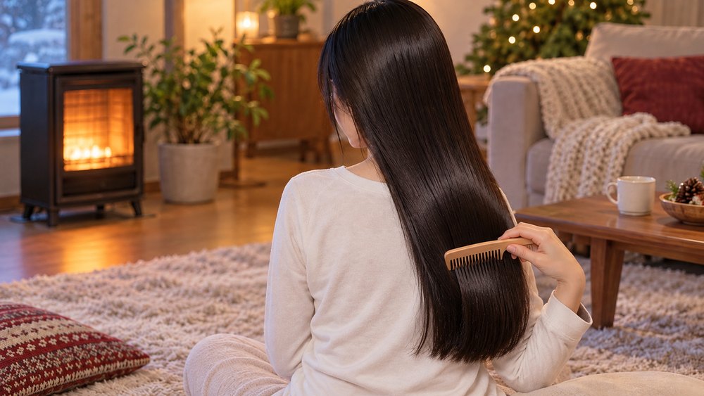 冬のリビングで木のくしを使って毛先をとかす女性