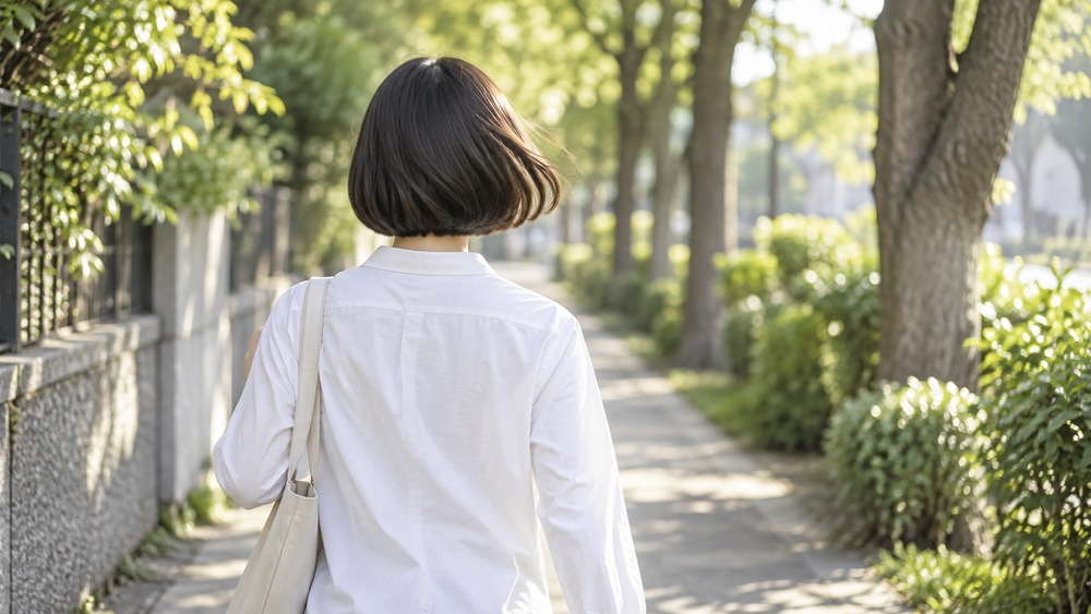 丸みのあるショートボブで朝の並木道を歩く女性