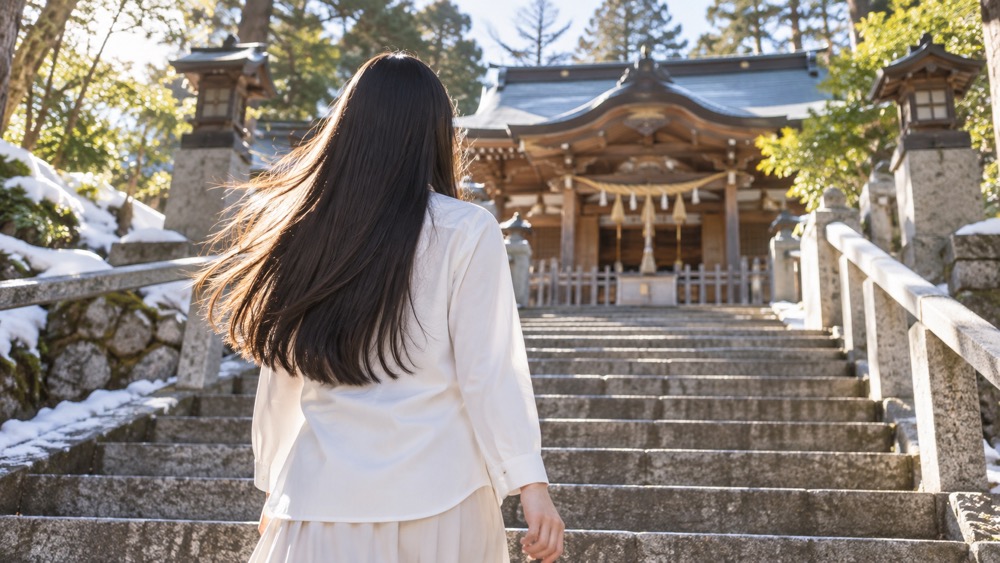 新年の朝に神社の石段を上るロングヘアの女性