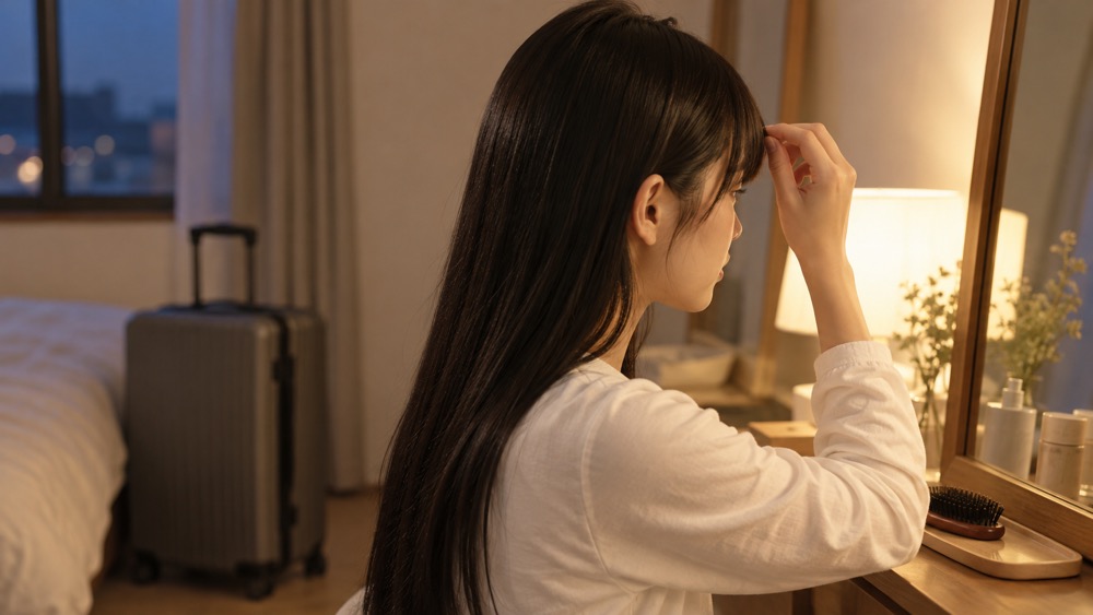 旅行前に鏡で前髪の仕上がりを確かめる女性