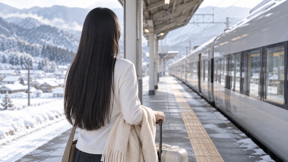 冬の駅のホームで帰省に向かう女性