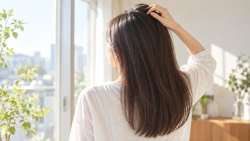 細く柔らかいストレートヘアの根元を指先でふんわりさせる女性