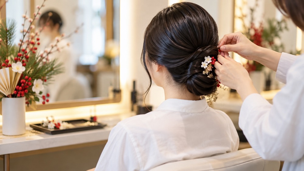 新年の予定に向けてサロンでヘアセットをする女性