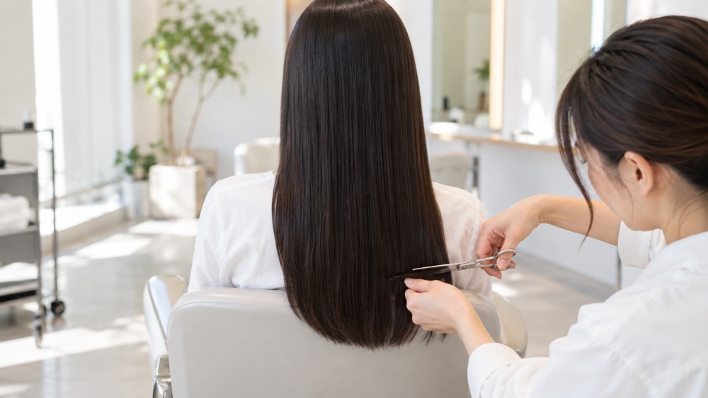 美容室でストレートヘアの毛先をカットする様子