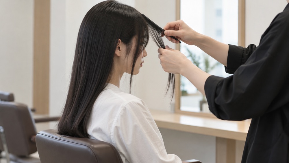 美容室で前髪と顔まわりを整える女性