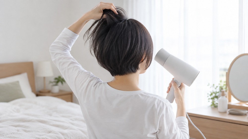 指で根元を起こしながらショートヘアを乾かす女性