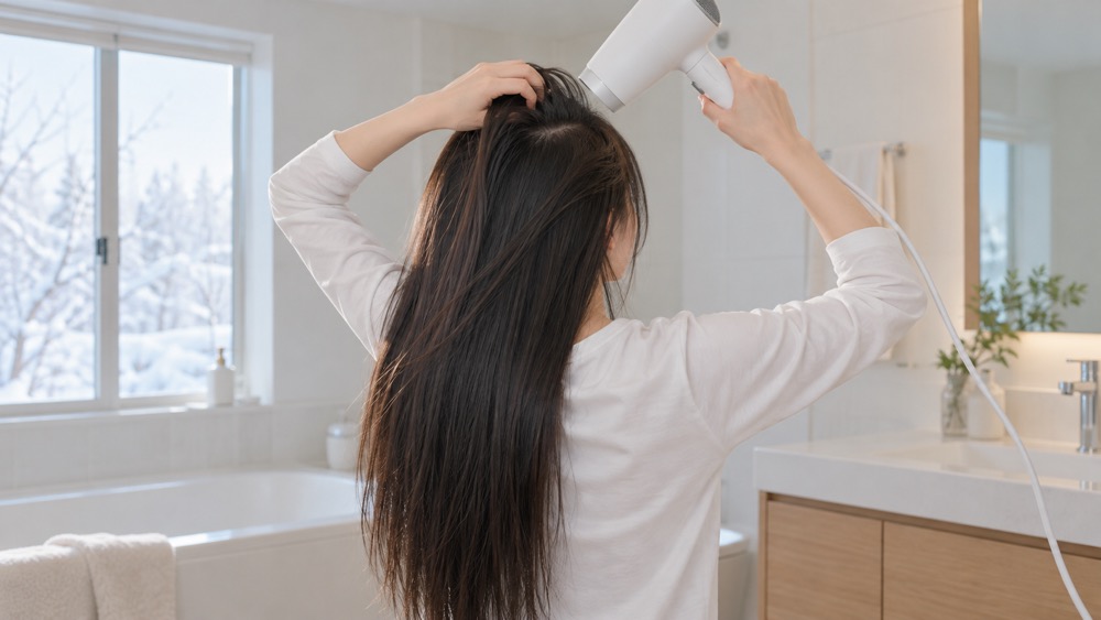 ドライヤーの風を下向きに当て根元から髪を乾かす女性