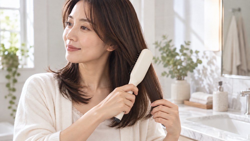 洗面所でヒートブラシを使って髪をとかす女性