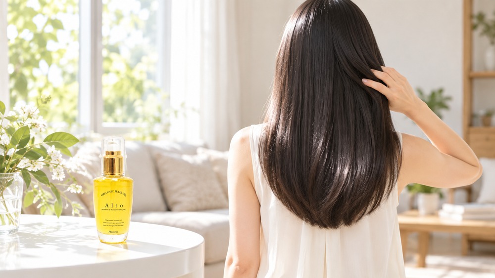 まっすぐな髪を手で梳く女性とアルトオイル