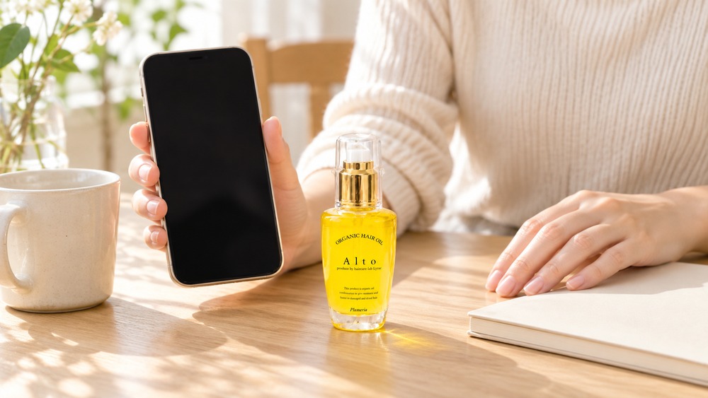 スマホでアルトオイルの口コミを調べる女性の手元
