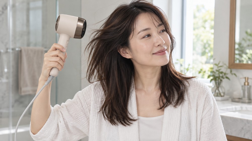 パナソニック ナノケア EH-NB70で髪を乾かす女性