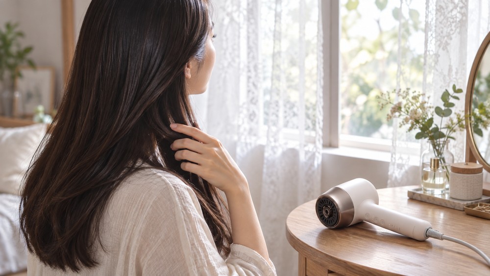 ドライヤーで乾かした後のツヤのある髪を鏡で確認する女性