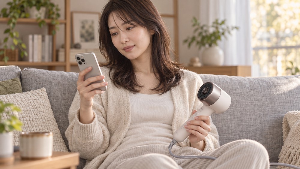 パナソニック ナノケア EH-NB70を手にスマホで価格を調べる女性