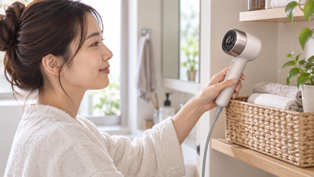 パナソニック ナノケア EH-NB70を洗面所の棚のカゴに片づける女性