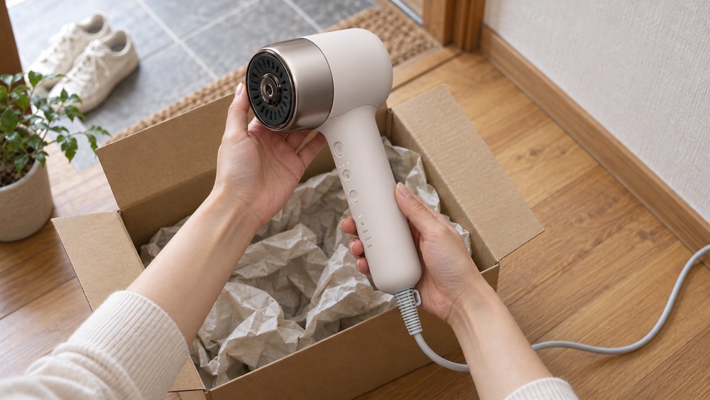 レンタルで届いたパナソニック ナノケア EH-NB70を箱から取り出す様子