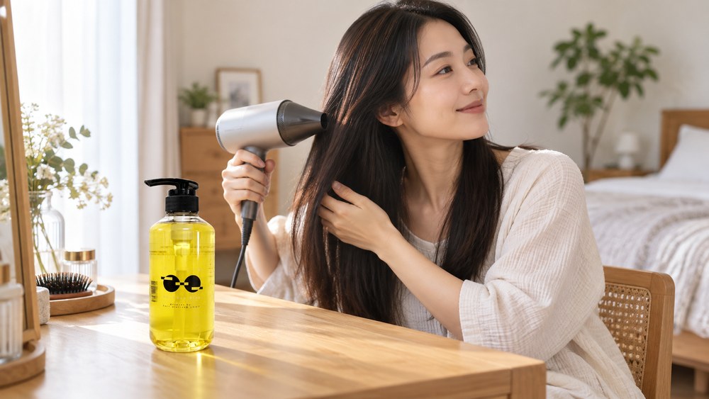 Paraシャンプープラスで洗った髪をドライヤーで乾かす女性