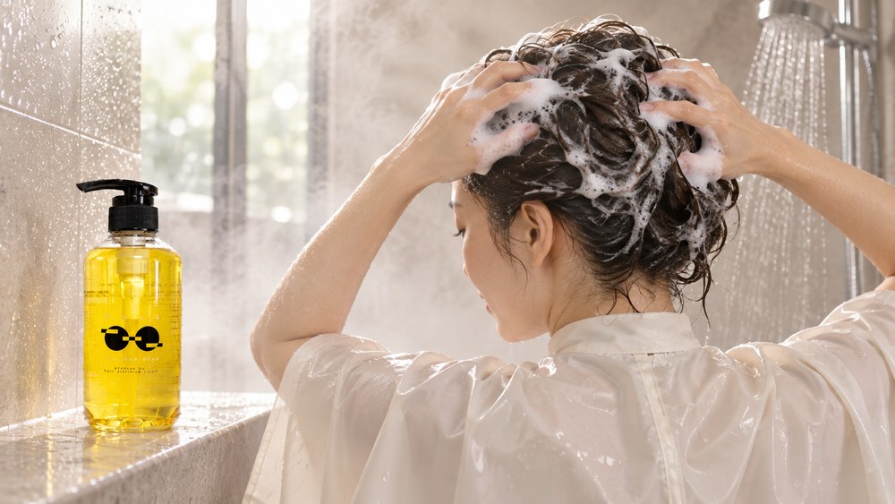 Paraシャンプープラスの泡で頭皮を洗う女性