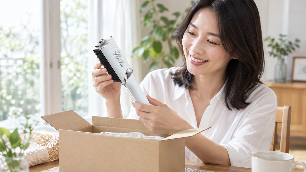 届いたレンタル箱からリファ ストレートブローアイロンを取り出して試す女性