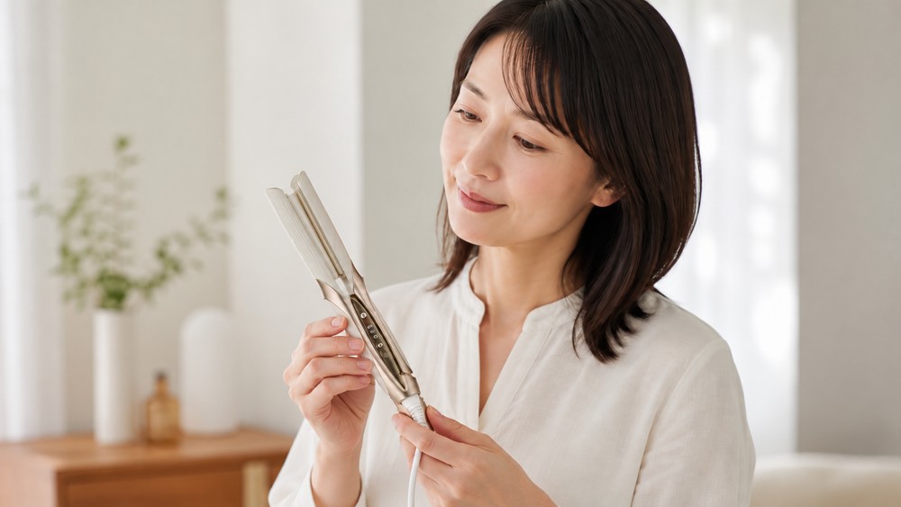 リファストレートアイロンCSを手に取り検討する女性