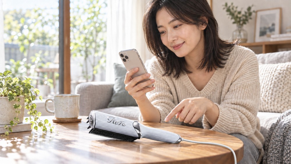 リファ ストレートブローアイロンの口コミをスマホで読みながら実機を指さす女性