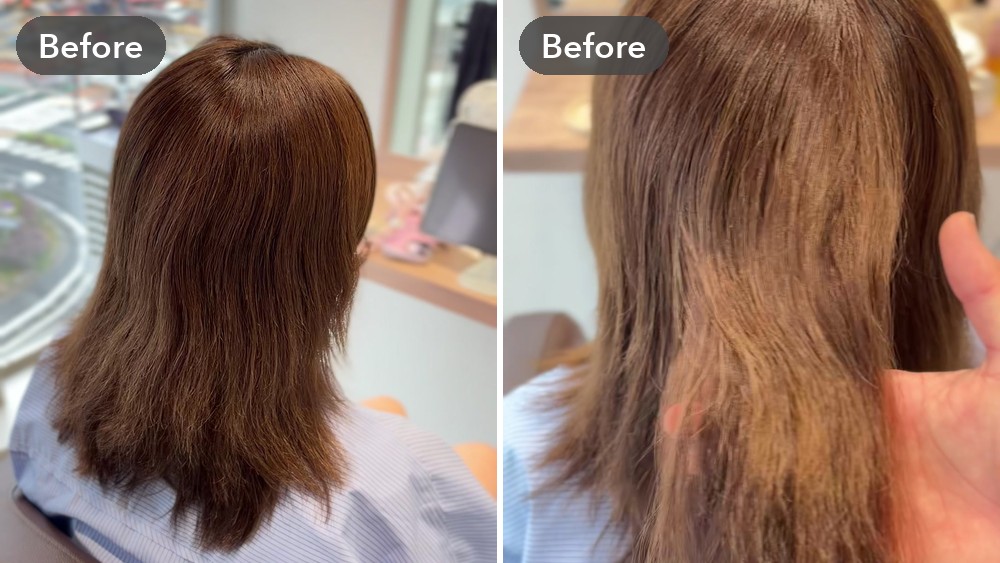 縮毛矯正をかける前の広がった髪の後ろ姿と毛先の状態(Before)