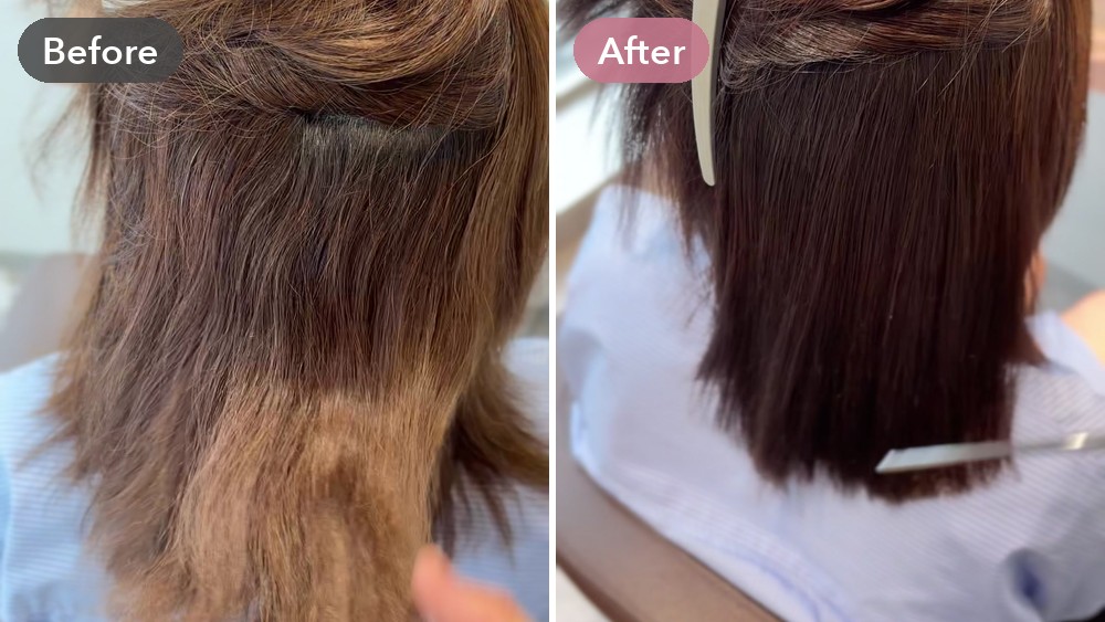縮毛矯正をかける前(Before)と乾かしただけ(After)の内側の髪の比較