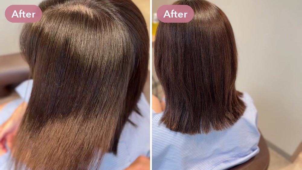 縮毛矯正の後に乾かしただけ(After)と仕上げ後(After)の比較