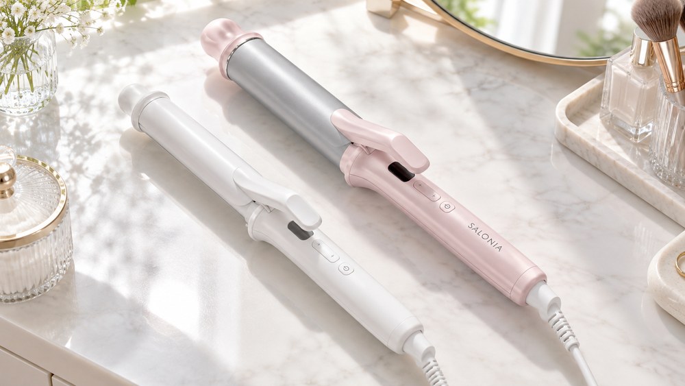 サロニア グロッシーケア カールヘアアイロン38mmと細いコテの太さの比較