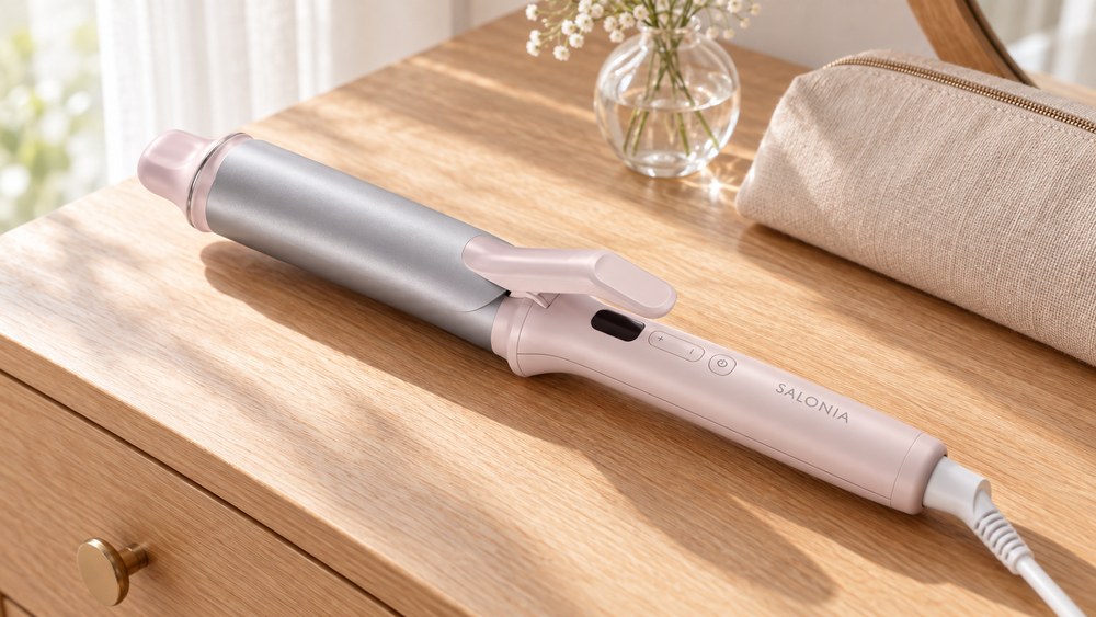サロニア グロッシーケア カールヘアアイロン38mmをドレッサーに置いた様子