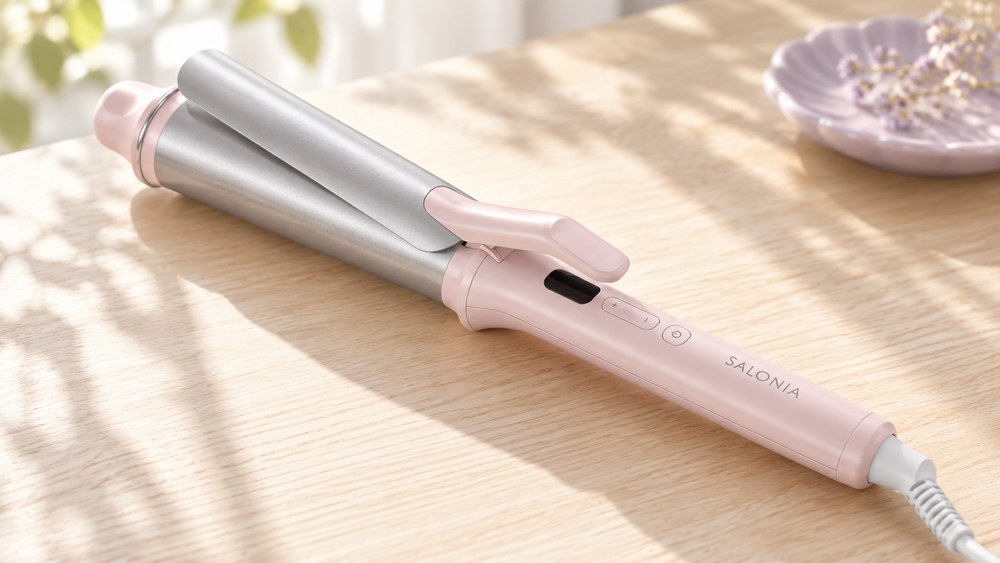 サロニア グロッシーケア カールヘアアイロン38mmのツヤのあるバレル