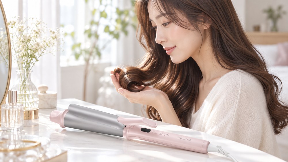 サロニア グロッシーケア カールヘアアイロン38mmで巻いたツヤのある毛先を確かめる女性