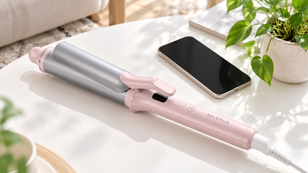 サロニア グロッシーケア カールヘアアイロン38mmとスマートフォン