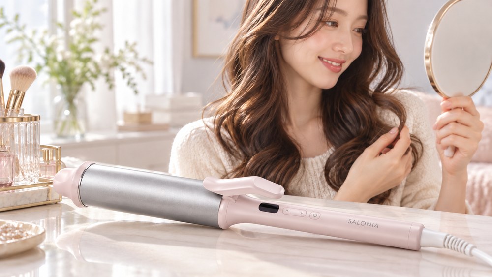 サロニア グロッシーケア カールヘアアイロン38mmで巻いた毛先を手鏡で見る女性