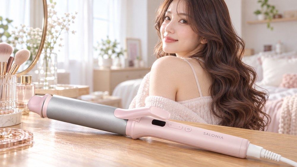 サロニア グロッシーケア カールヘアアイロン38mmで巻いたゆるいくびれカール