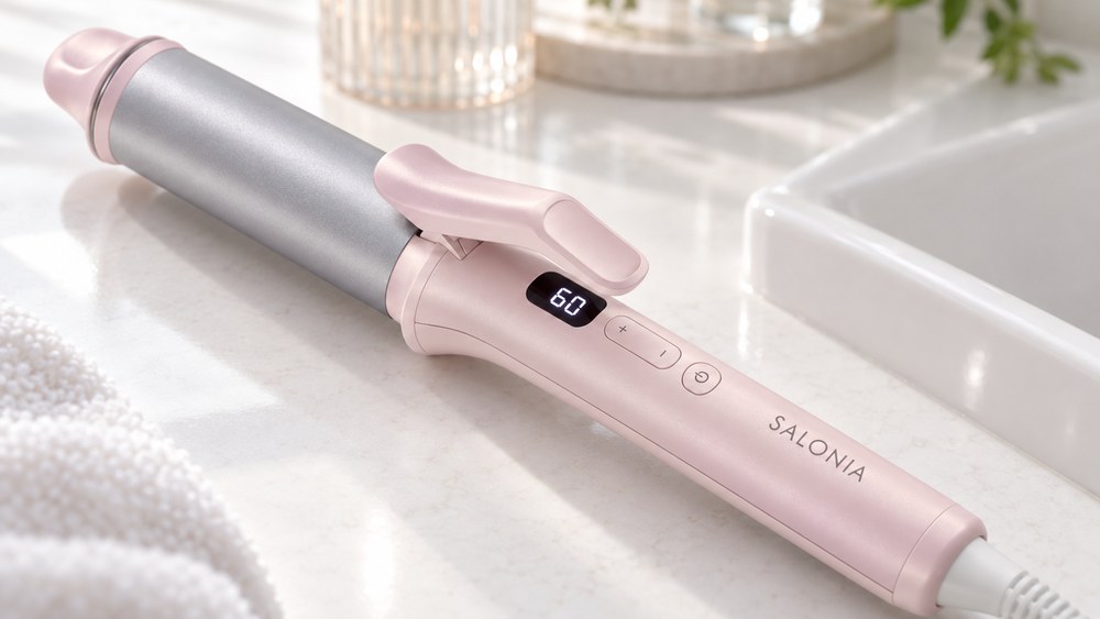 サロニア グロッシーケア カールヘアアイロン38mmの温度表示とボタン