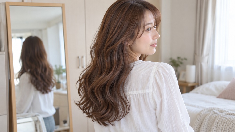 大きなカールのロングヘアの女性