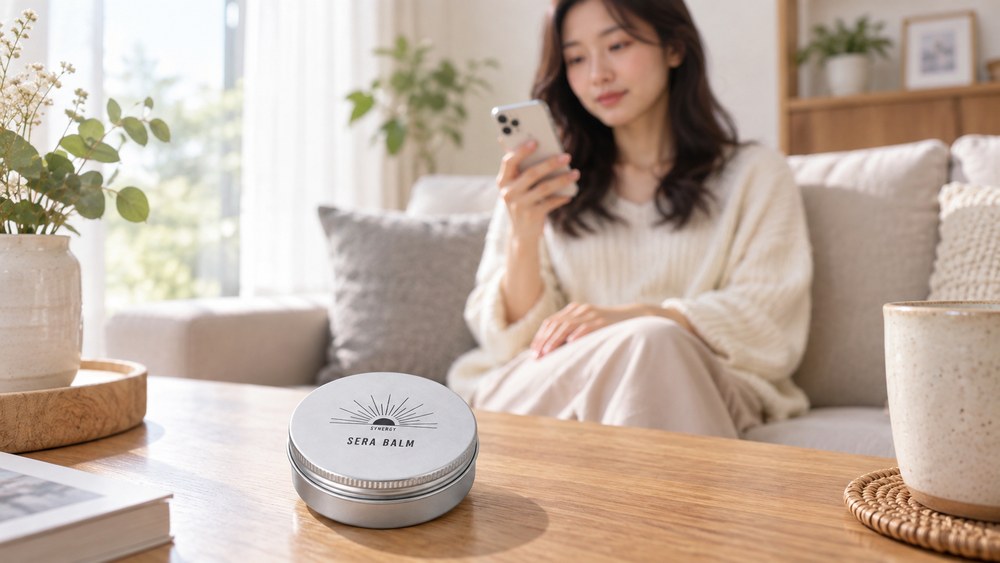 シーラバーム《neo》についてスマホで調べる女性